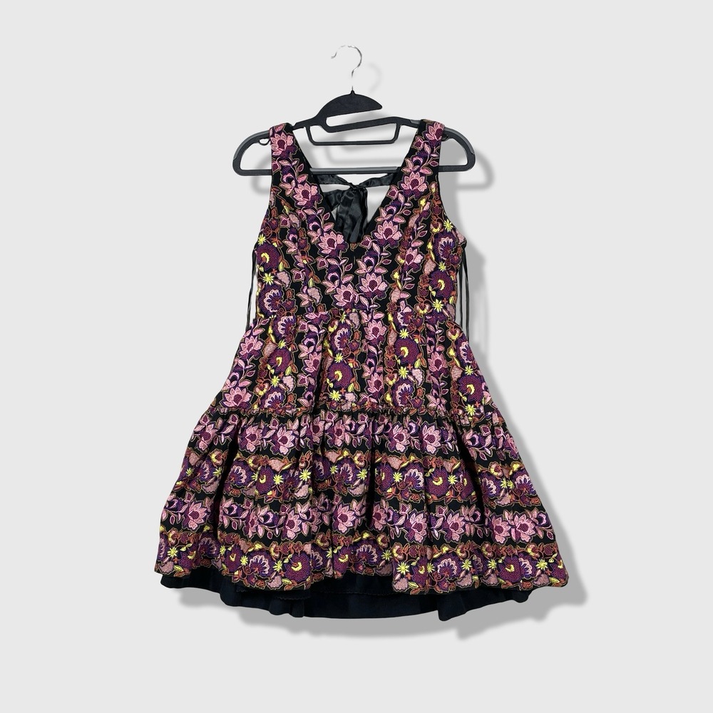 Anthropologie Mini Dress Women 4 Multicolor Floral Embroidered Boho Tie Back